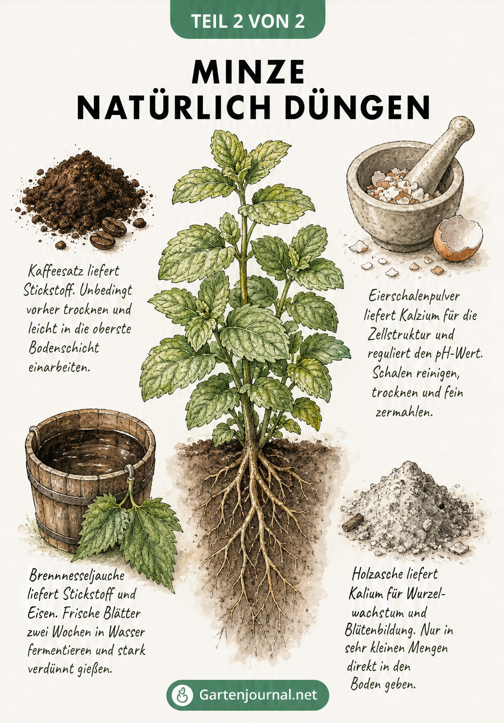 Zeichnung einer Minzpflanze umgeben von natürlichen Düngemitteln wie Kaffeesatz, Eierschalen, Brennnesseljauche und Holzasche
