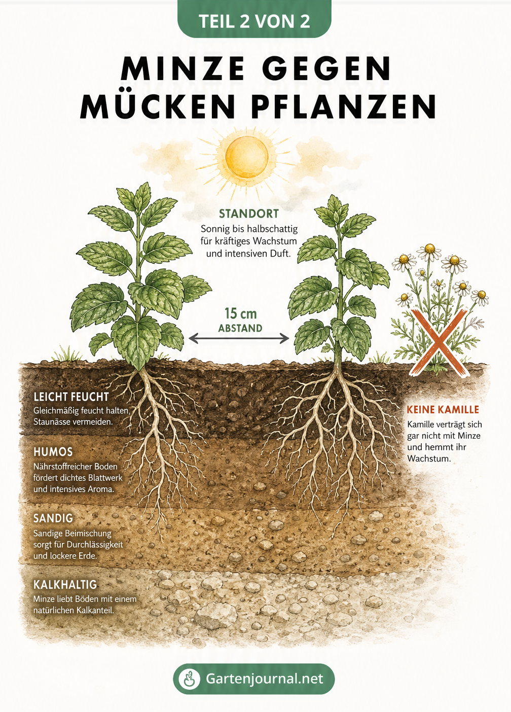 Querschnitt eines Gartenbeets mit zwei Minzpflanzen im Abstand von 15 cm, sonnigem bis halbschattigem Standort und Bodenansprüchen sowie einer...