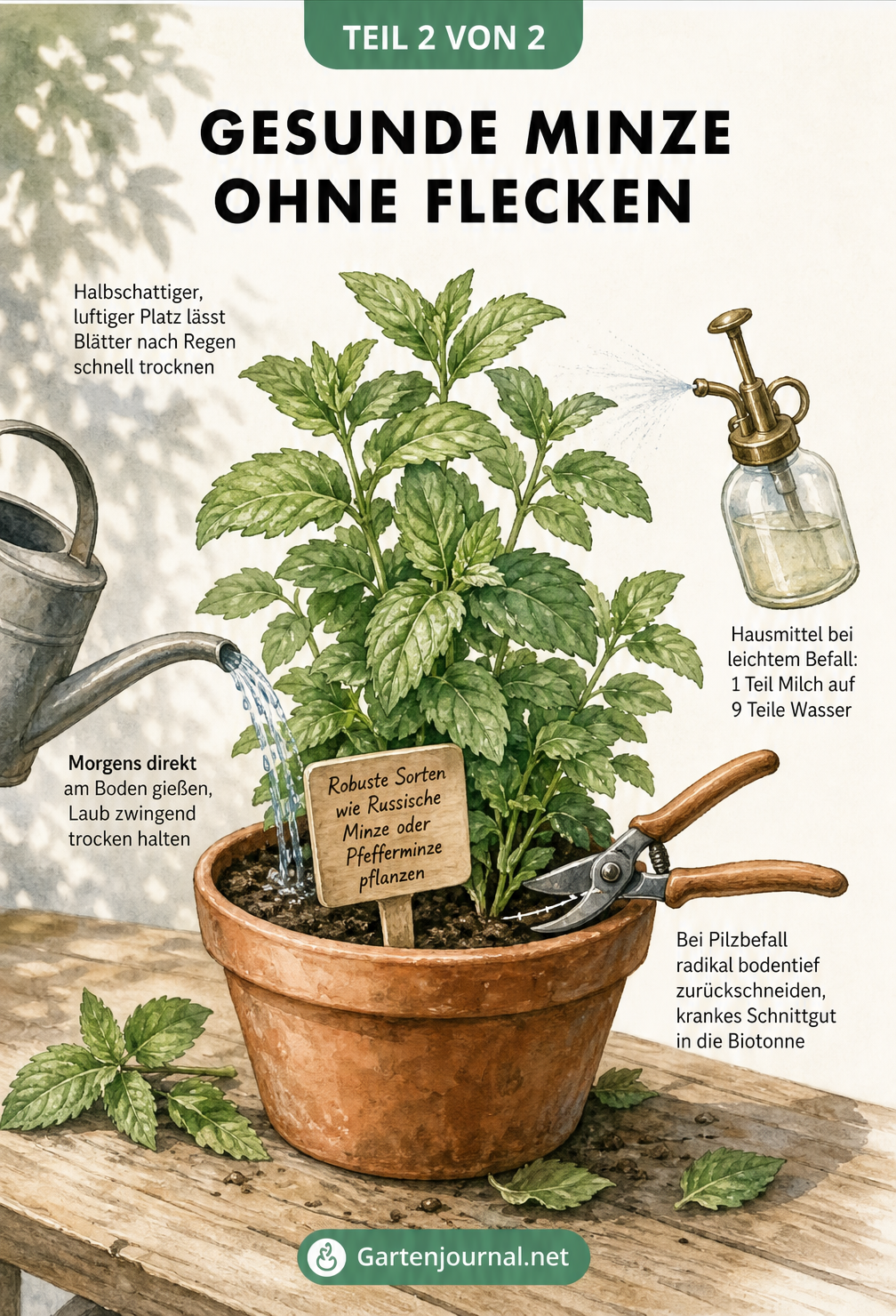 Illustration einer gesunden Minzpflanze im Topf mit Gießkanne, Gartenschere und Sprühflasche