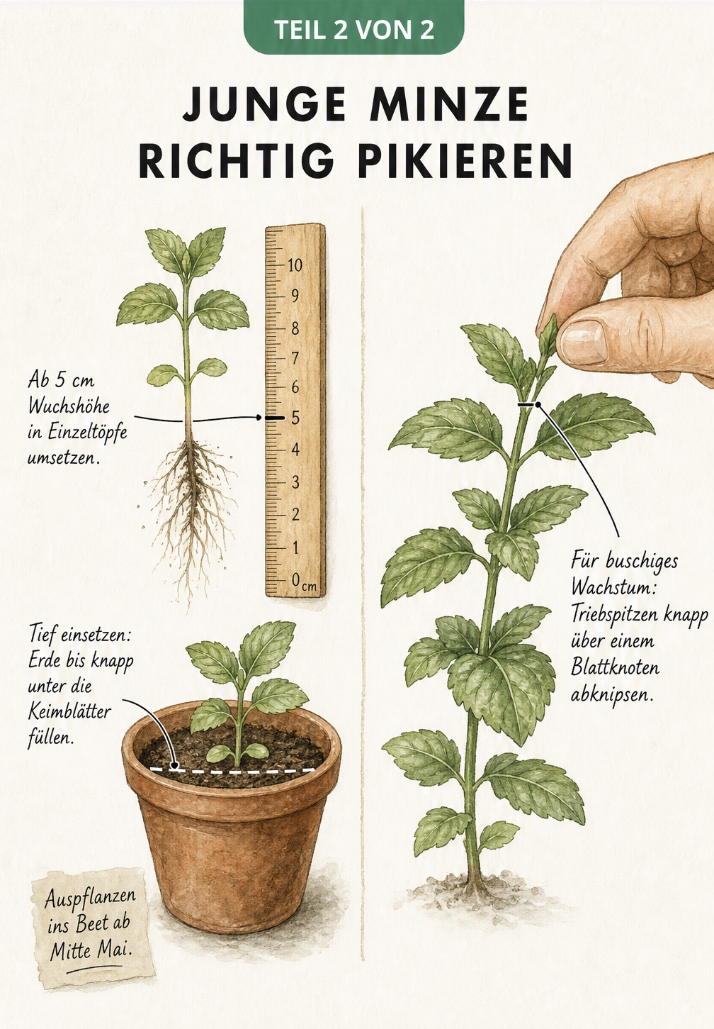 Illustration eines Minzekeimlings mit Lineal und einer größeren Jungpflanze, bei der die Triebspitze abgeknipst wird