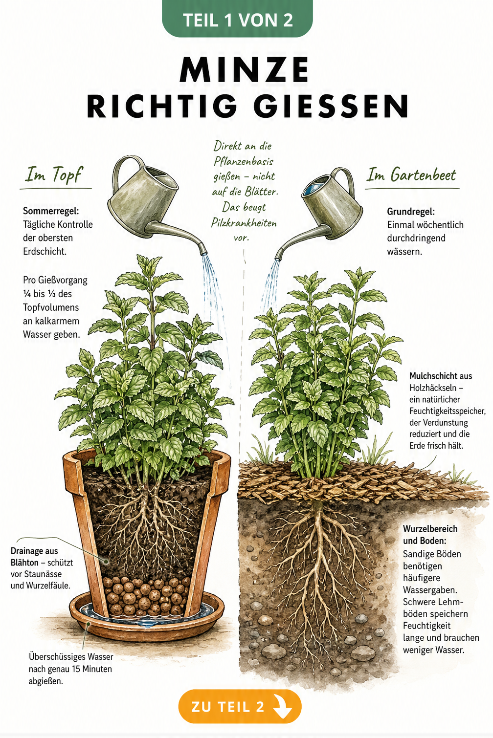 Botanische Querschnitts-Illustration zur richtigen Bewässerung von Minze im Topf und im Gartenbeet mit Tipps zu Drainage und Mulch