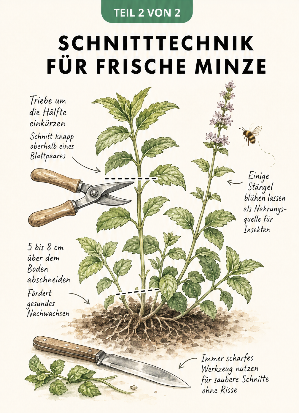 Zeichnung einer Minzpflanze, die zwei Schnitttechniken zeigt: Einzelschnitt knapp über dem Boden und Haupternte über einem Blattpaar.