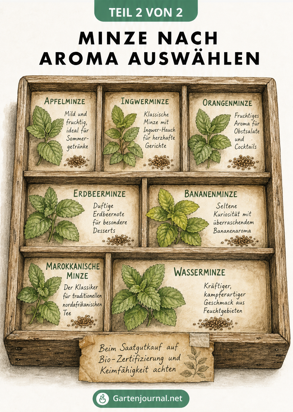 Setzkasten aus Holz mit verschiedenen Minzblättern und Samen, sortiert nach Aromen wie Apfel, Ingwer und Orange