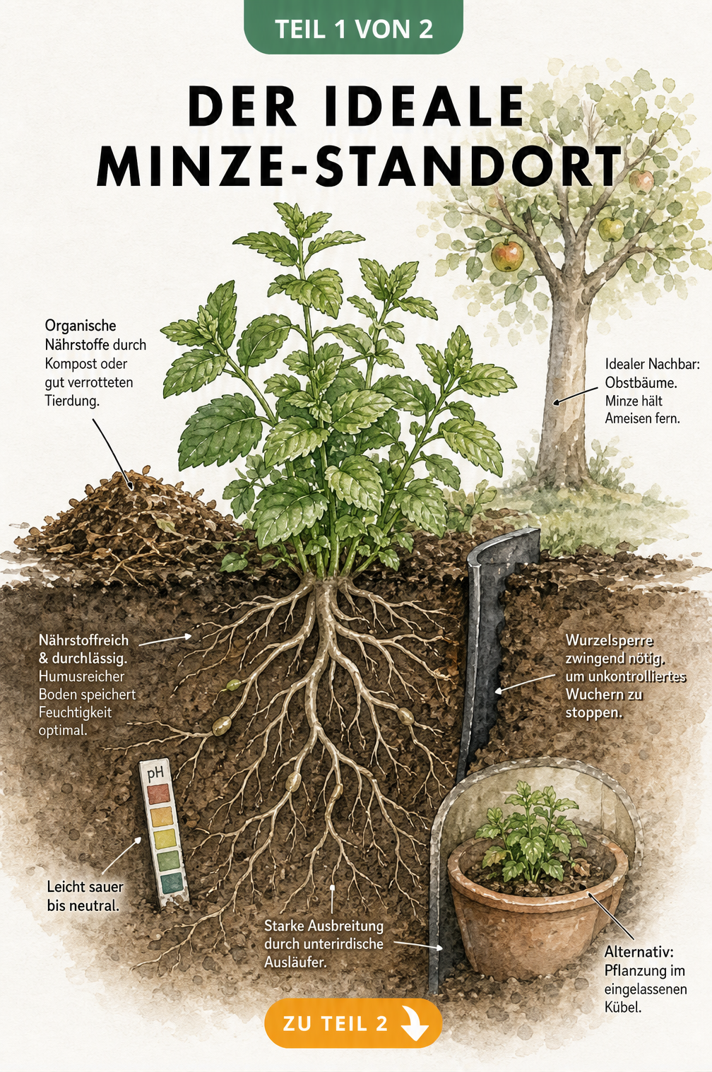 Querschnitt eines Gartenbeets mit einer Minzpflanze, die ihre Wurzeln und Ausläufer im Boden ausbreitet, inklusive Hinweisen zu Bodenbeschaffenheit und...