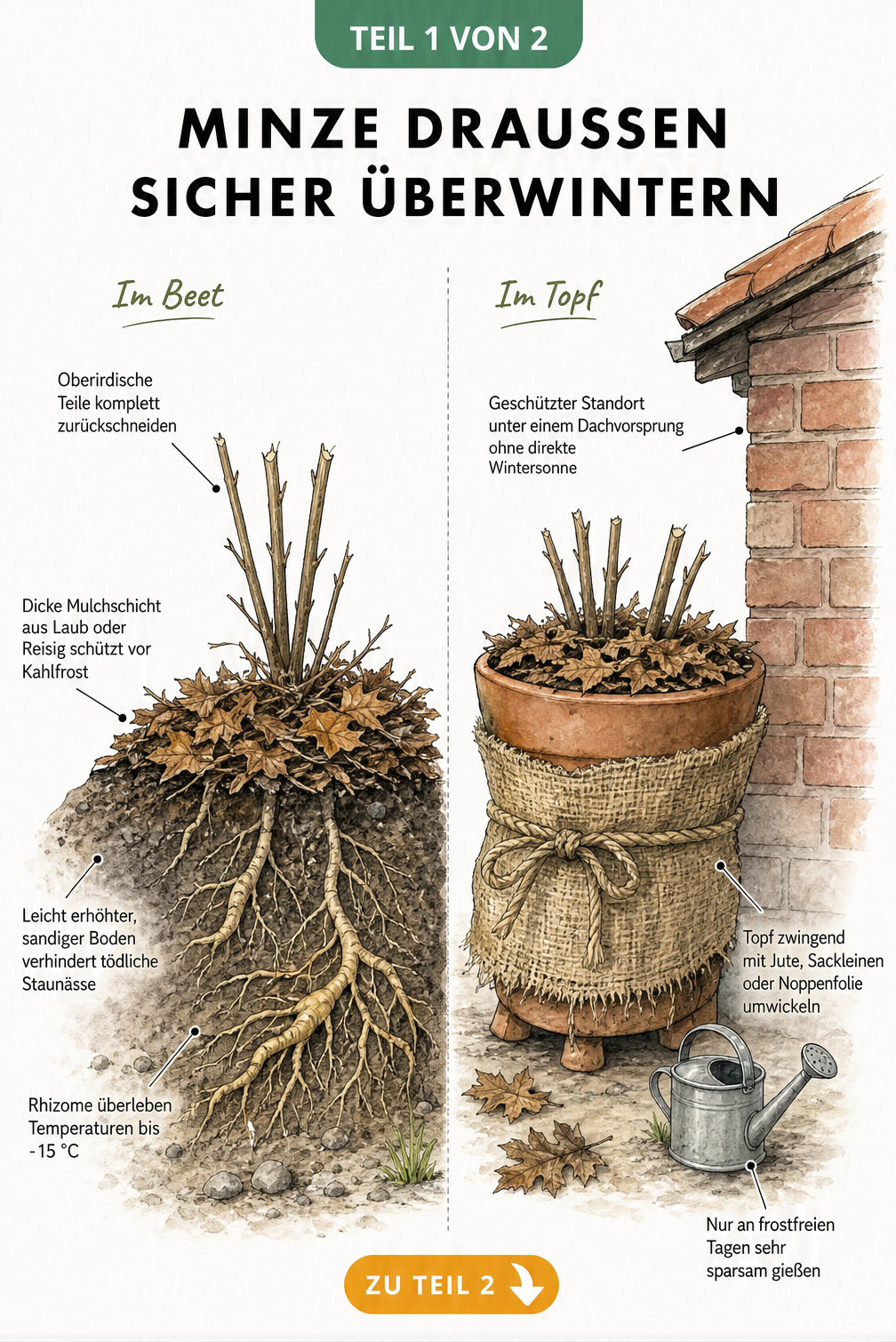 Querschnitt-Illustration einer Minzpflanze im Gartenbeet und im Terrakotta-Topf im Winter