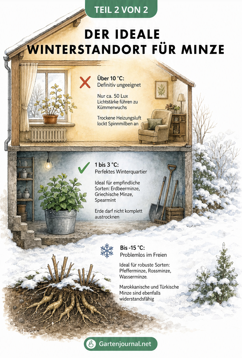 Aquarell-Schnittdarstellung eines Hauses mit Garten, die drei Temperaturzonen für die Überwinterung von Minze zeigt