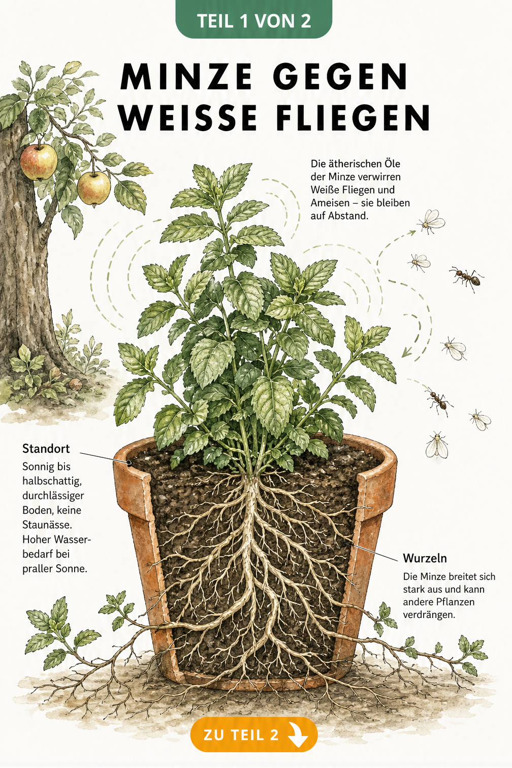 Querschnitt-Illustration einer Minzpflanze im Beet und Topf, die Weiße Fliegen und Ameisen durch ihren Duft vertreibt, mit Hinweisen zu Standort und...