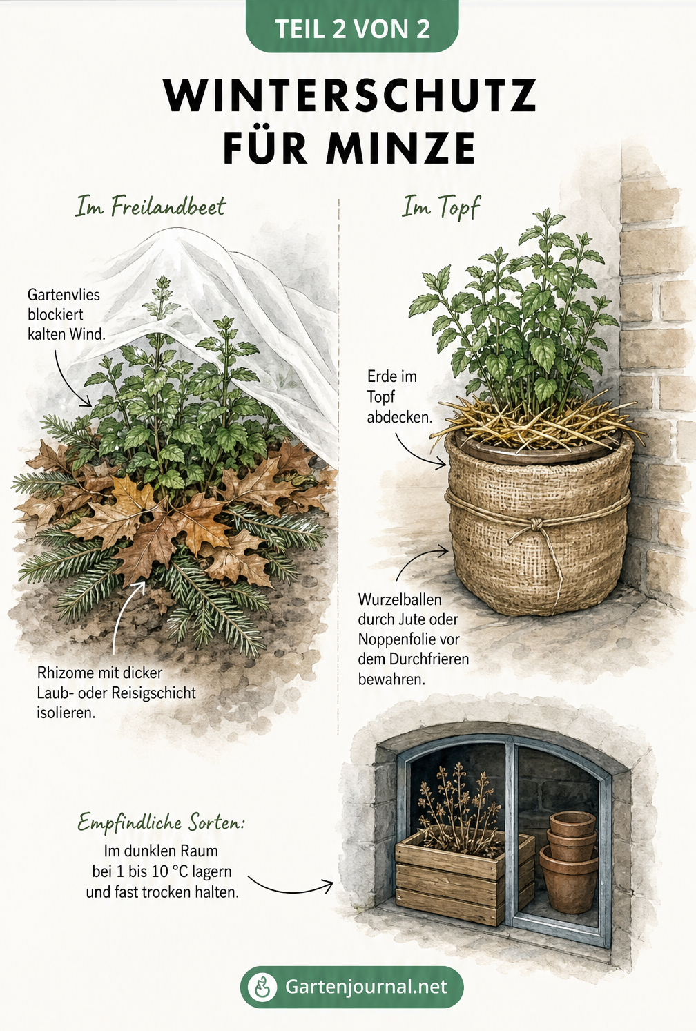 Illustration zum Winterschutz für Minze: Freilandminze mit Laub und Vlies abgedeckt, Topfminze in Jute gewickelt an der Hauswand.