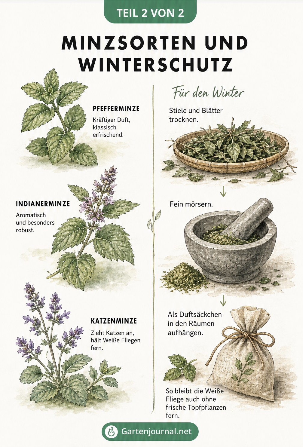 Illustration von Pfefferminze, Indianerminze und Katzenminze sowie der Verarbeitung getrockneter Minzblätter im Mörser zu Duftsäckchen für den Winter.