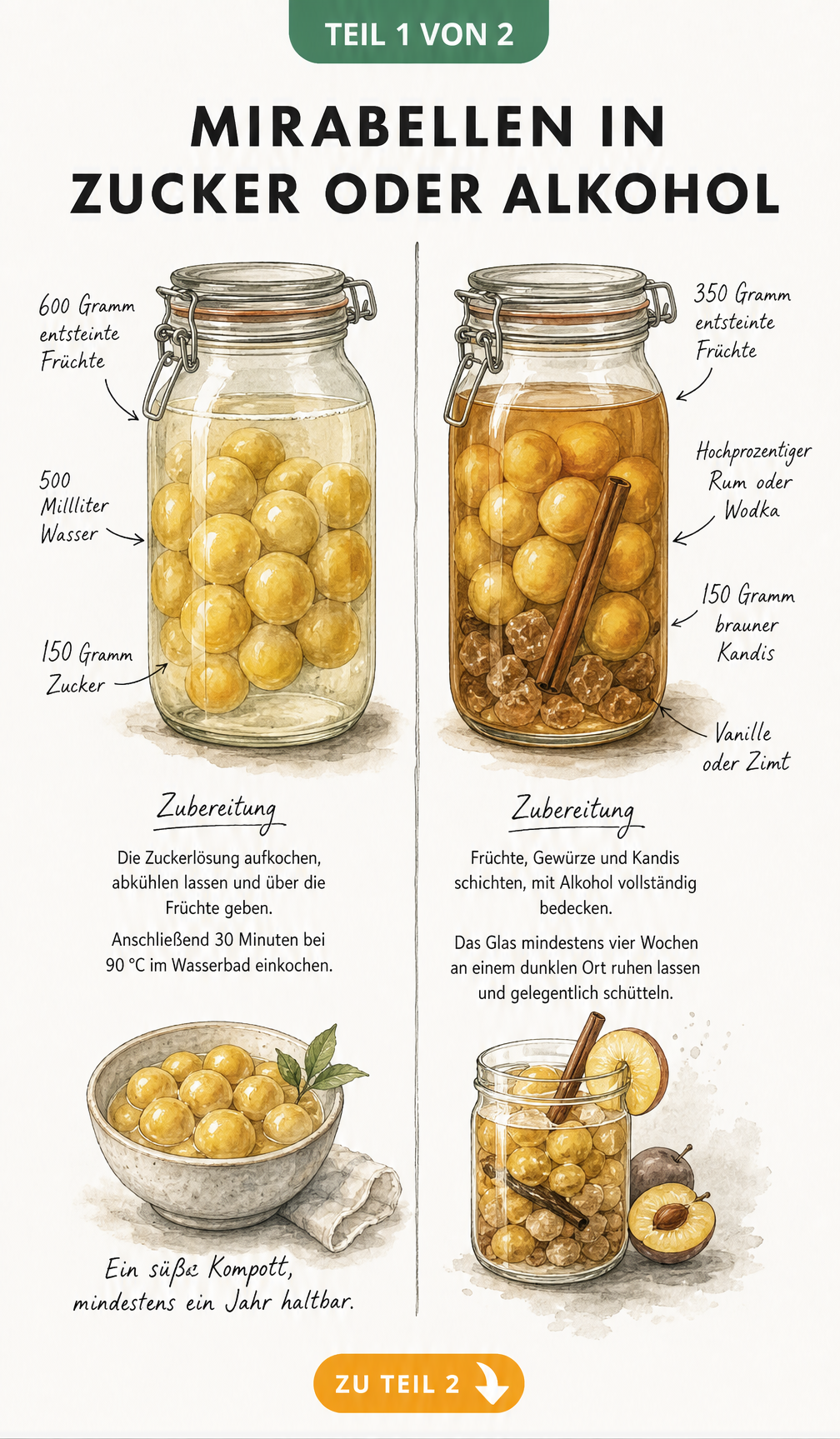 Illustration von zwei Einmachgläsern mit Mirabellen, einmal in Zuckerlösung und einmal in Alkohol eingelegt, mit Zutatenangaben.