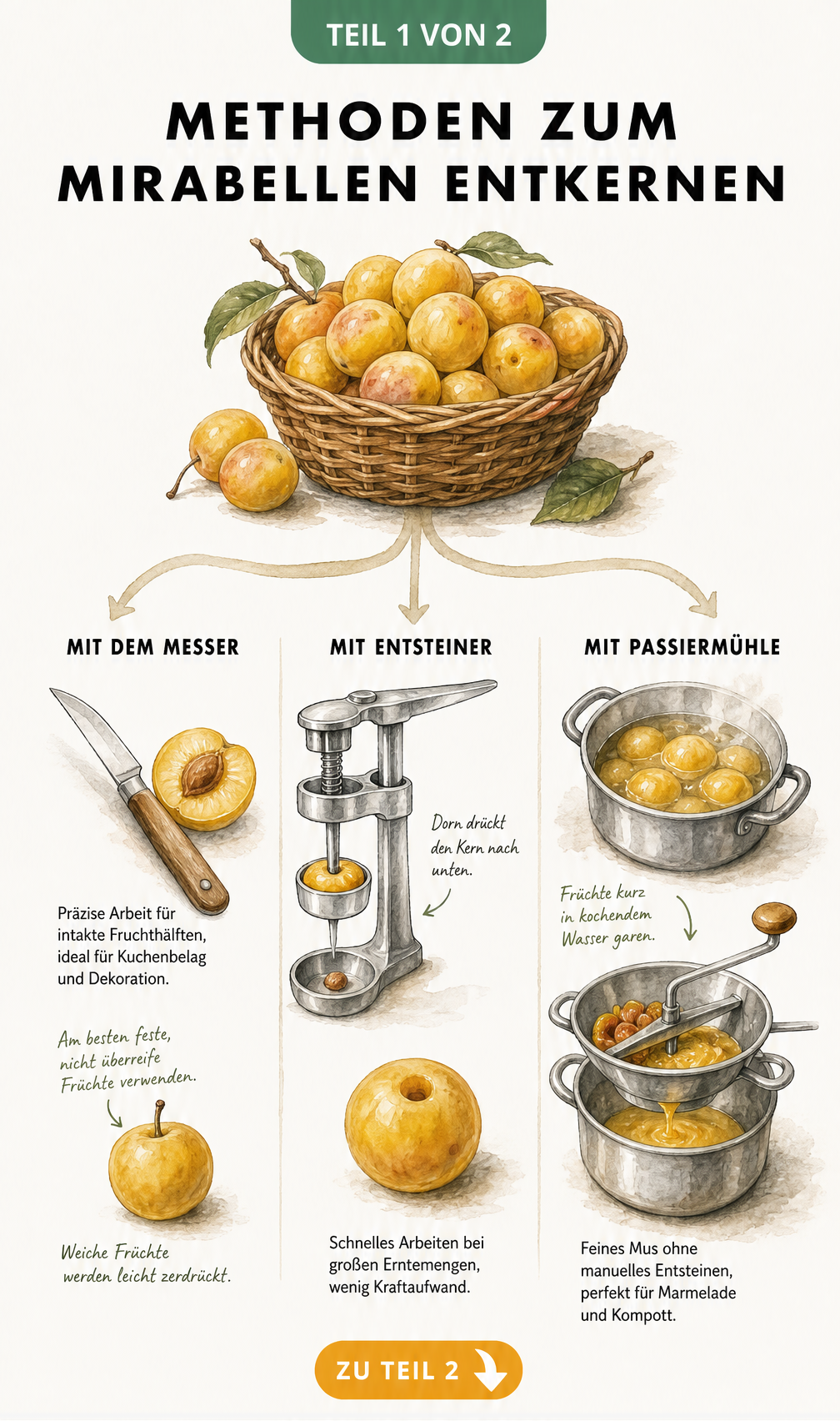 Illustration von drei Methoden zum Entsteinen von Mirabellen: Messer, Entkerner und Passiermühle