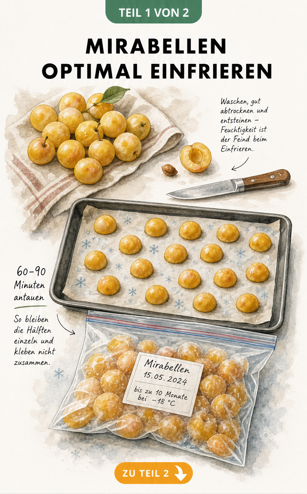 Illustration des Einfrierprozesses von Mirabellen: Waschen, Entsteinen, Antauen auf dem Backblech und Verpacken im Gefrierbeutel.