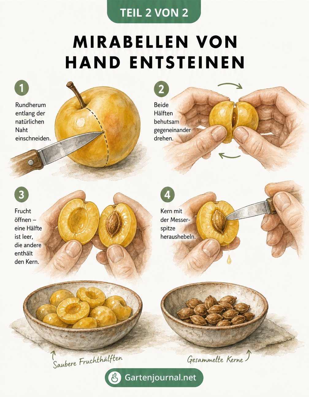 Schritt-für-Schritt-Anleitung zum manuellen Entsteinen von Mirabellen mit einem Messer