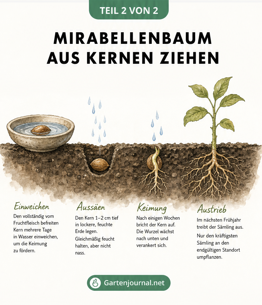 Aquarell-Illustration des Wachstumsprozesses eines Mirabellenkerns vom Einweichen bis zum Sämling
