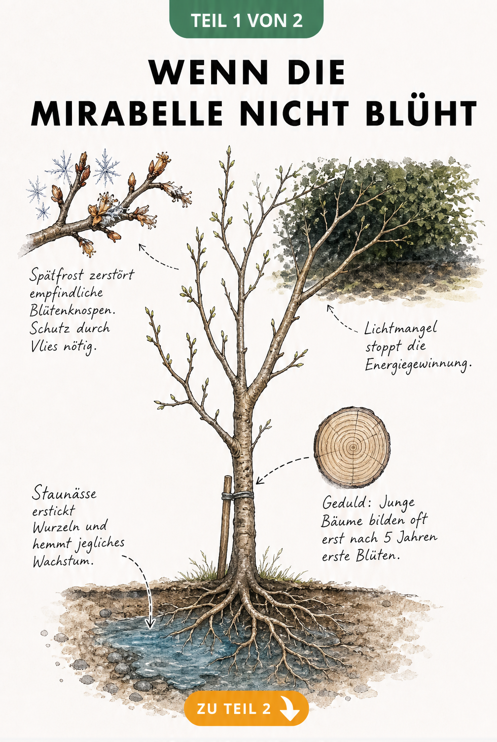 Botanische Illustration eines jungen Mirabellenbaums im Querschnitt mit Ursachen für fehlende Blüten wie Spätfrost, Lichtmangel, Alter und Staunässe