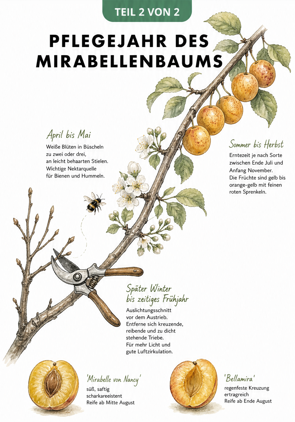 Botanische Illustration eines Mirabellenzweigs im Jahresverlauf mit Auslichtungsschnitt, Blüte und reifen Früchten