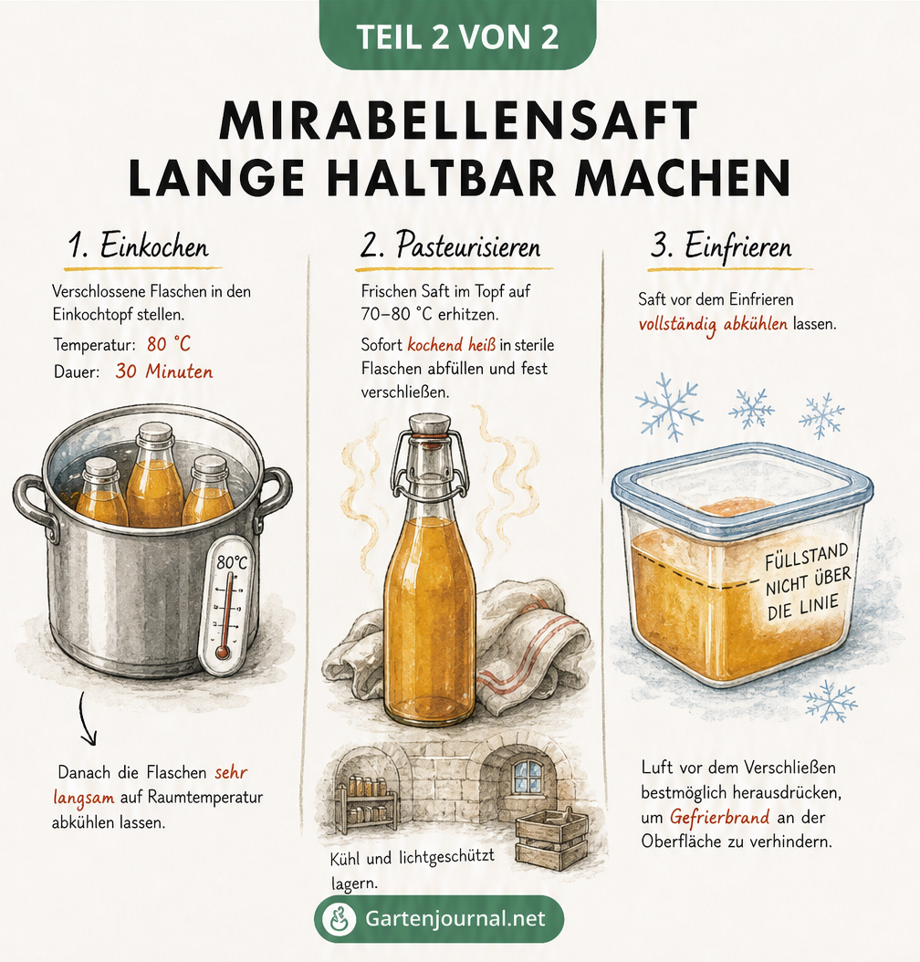 Illustration von drei Methoden zur Haltbarmachung von Mirabellensaft: Einkochen im Wasserbad, Pasteurisieren in Flaschen und Einfrieren.