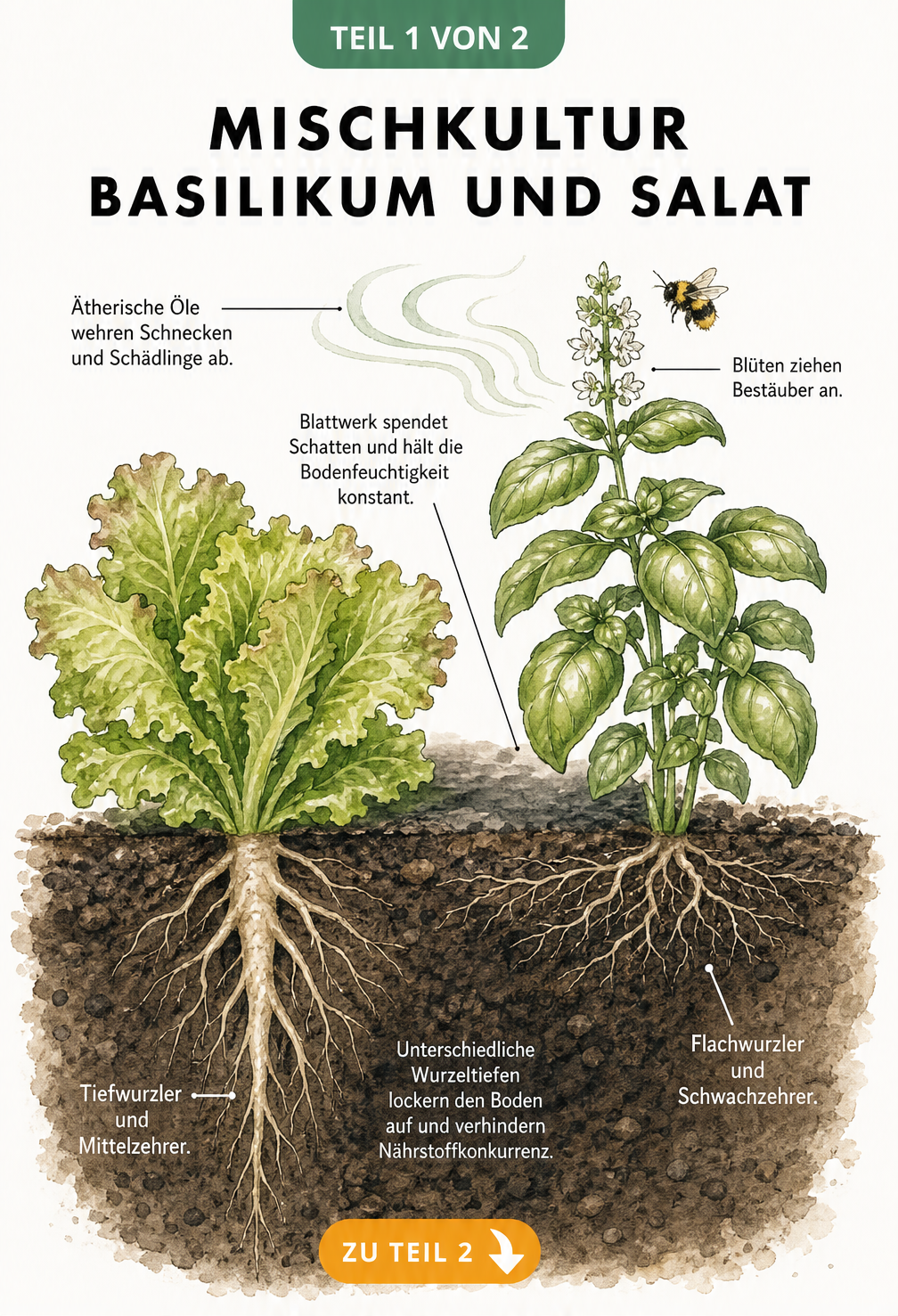 Botanische Querschnitt-Illustration von Basilikum und Salat im Gartenbeet, die oberirdische und unterirdische Synergieeffekte zeigt
