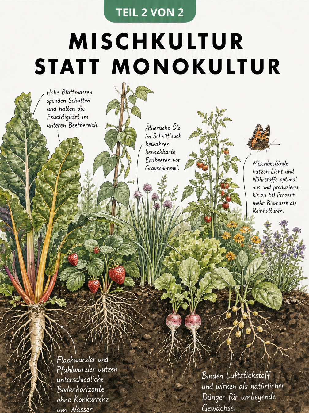 Querschnitt eines Gartenbeets mit Mischkultur, das das Zusammenspiel verschiedener Pflanzen zeigt