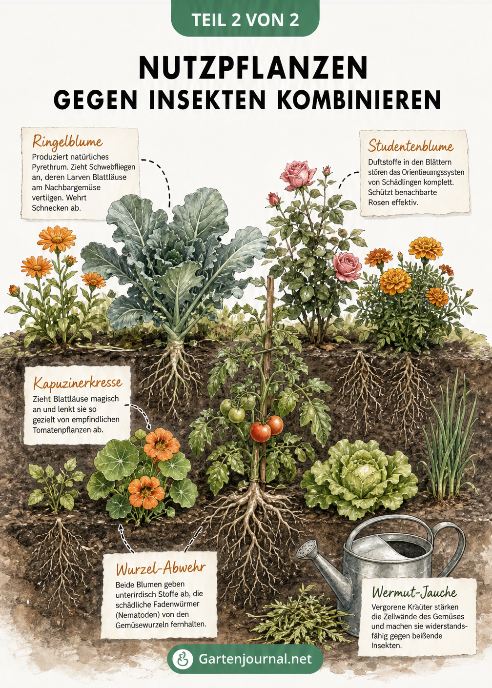 Querschnitt eines Gemüsebeets mit Helferpflanzen wie Ringelblume und Tagetes zur natürlichen Schädlingsabwehr