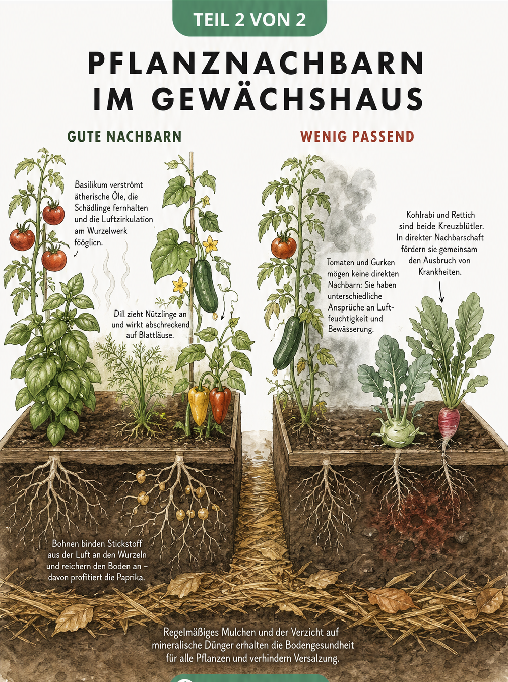 Isometrische Ansicht zweier Gewächshausbeete, die gute Pflanznachbarn wie Tomaten und Basilikum sowie schlechte Nachbarn wie Tomaten und Gurken zeigen.