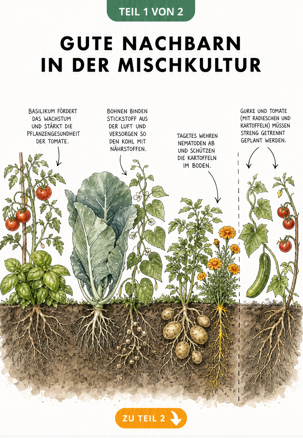 Querschnitt durch ein Gartenbeet mit guten und schlechten Pflanzenkombinationen wie Tomaten mit Basilikum und Bohnen mit Kohl