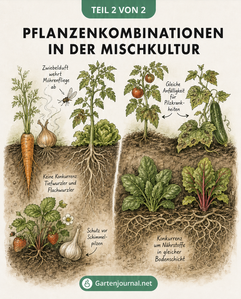Querschnitt durch das Erdreich mit guten und schlechten Pflanzenkombinationen in der Mischkultur