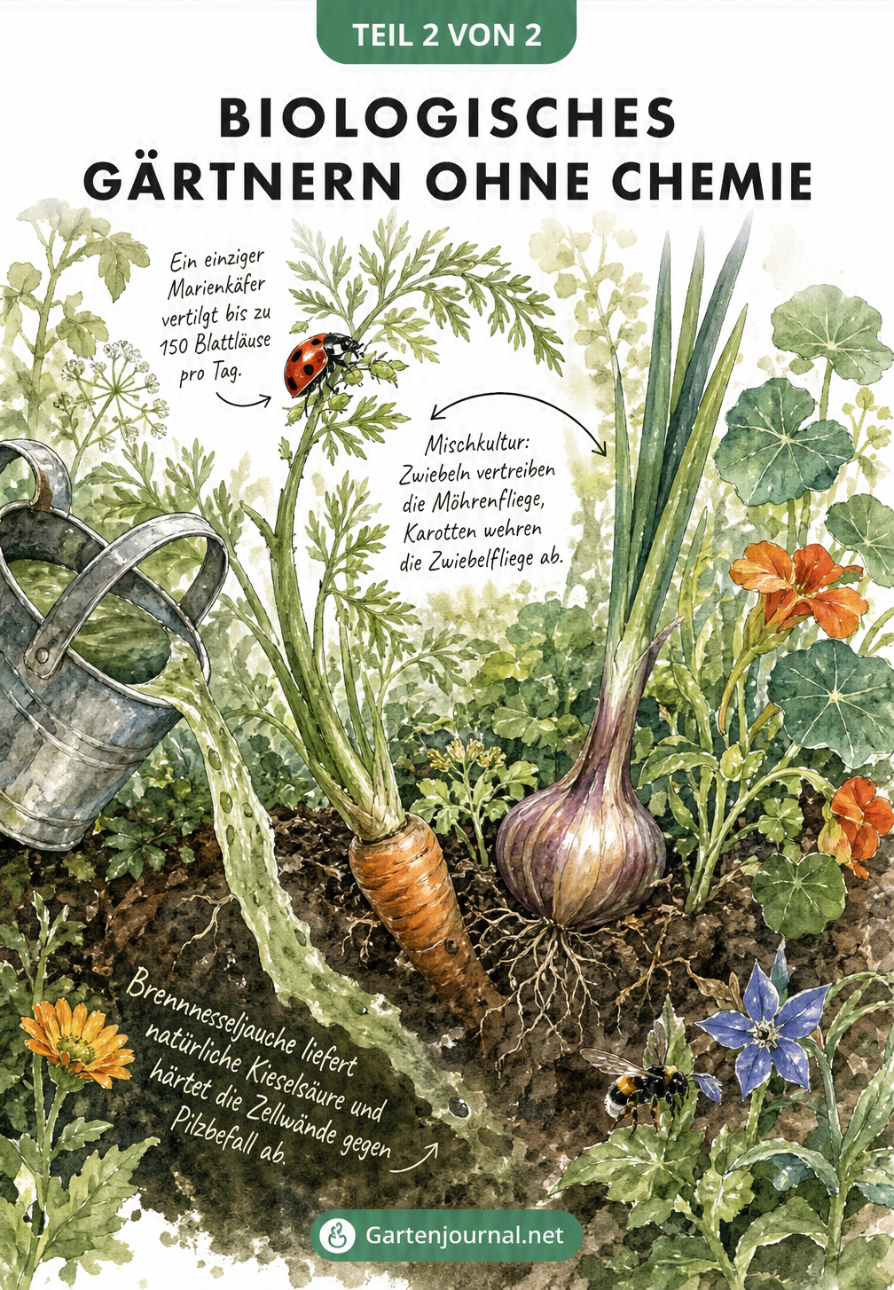 Aquarell-Zeichnung eines Gartenbeets mit Karotten, Zwiebeln, Marienkäfer und Brennnesseljauche