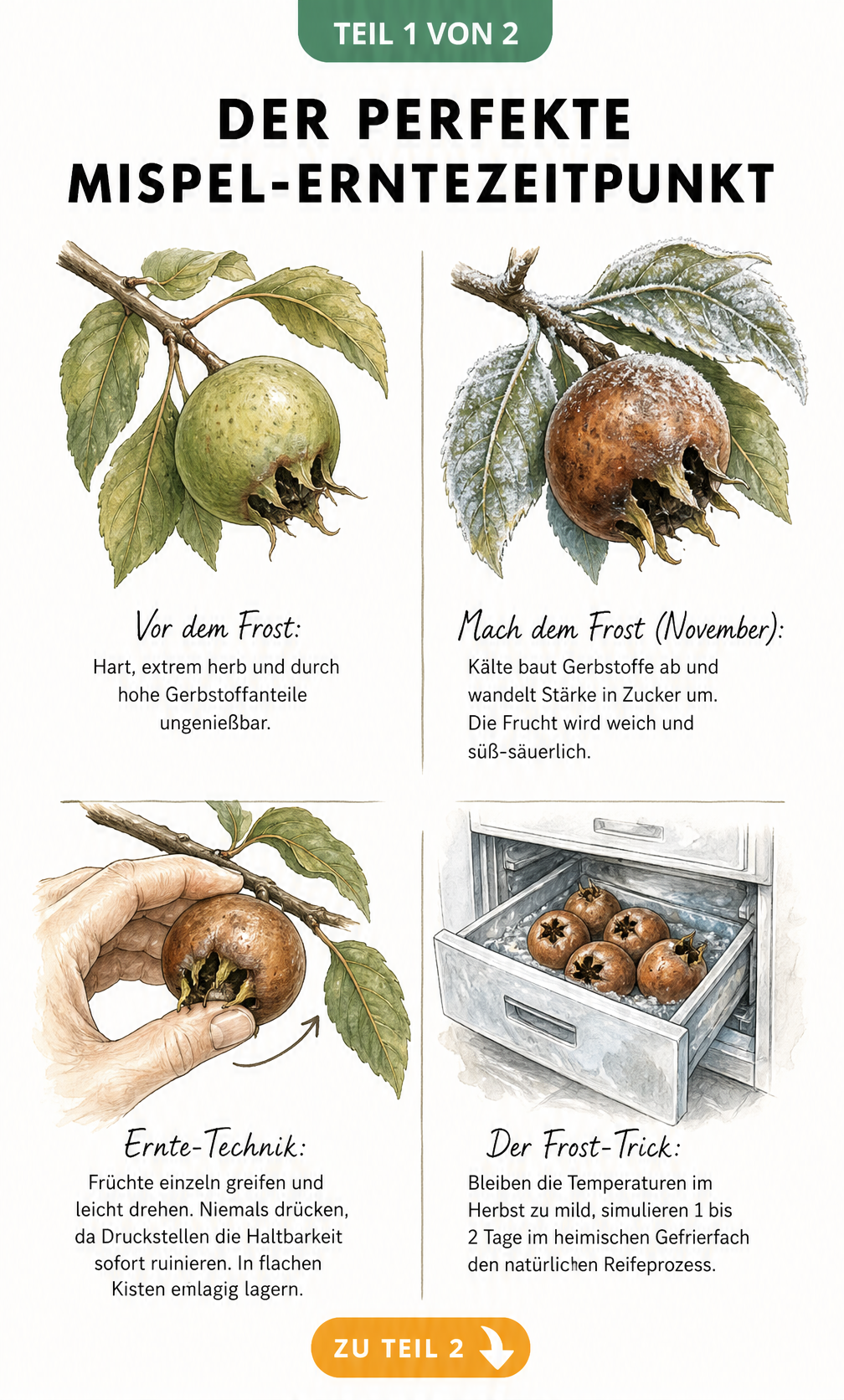 Illustration des Mispel-Reifeprozesses am Ast vor und nach dem Frost sowie Erntetechnik und Frost-Trick im Gefrierfach