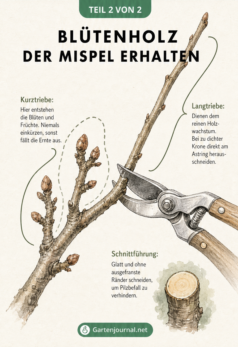 Aquarell-Illustration eines Mispelzweigs, die den Unterschied zwischen Kurztrieben und Langtrieben zeigt