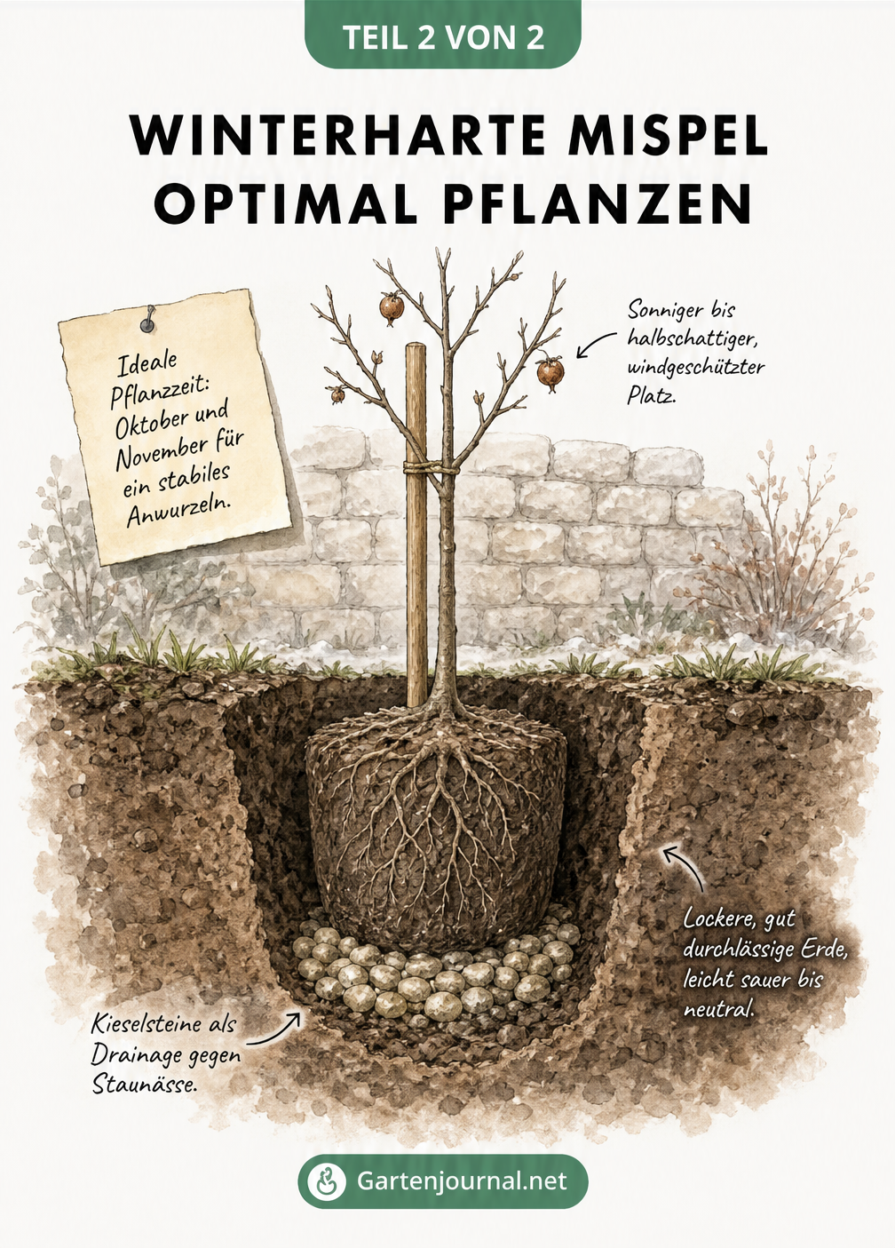 Querschnitt-Zeichnung einer jungen Mispel beim Pflanzen mit Drainage aus Kieselsteinen und lockerem Erdreich