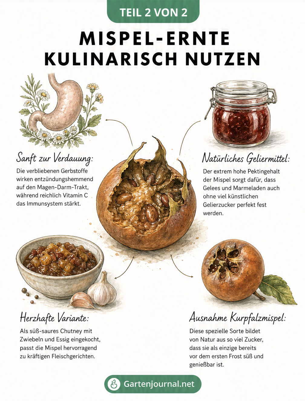 Aquarell-Illustration einer aufgeschnittenen Mispel mit Hinweisen zu Verdauung, Gelee-Herstellung, Chutney und der Kurpfalzmispel