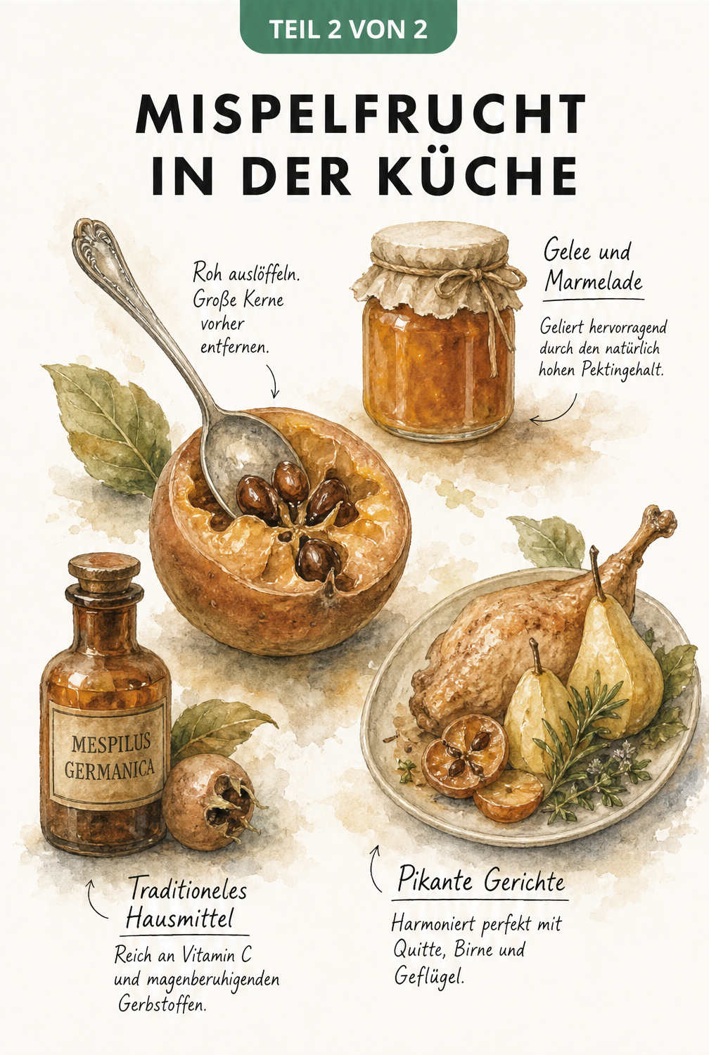 Handgemaltes Stillleben mit einer aufgeschnittenen Mispel, einem Einmachglas für Gelee, einer Apothekerflasche und Geflügel mit Birnenstücken.