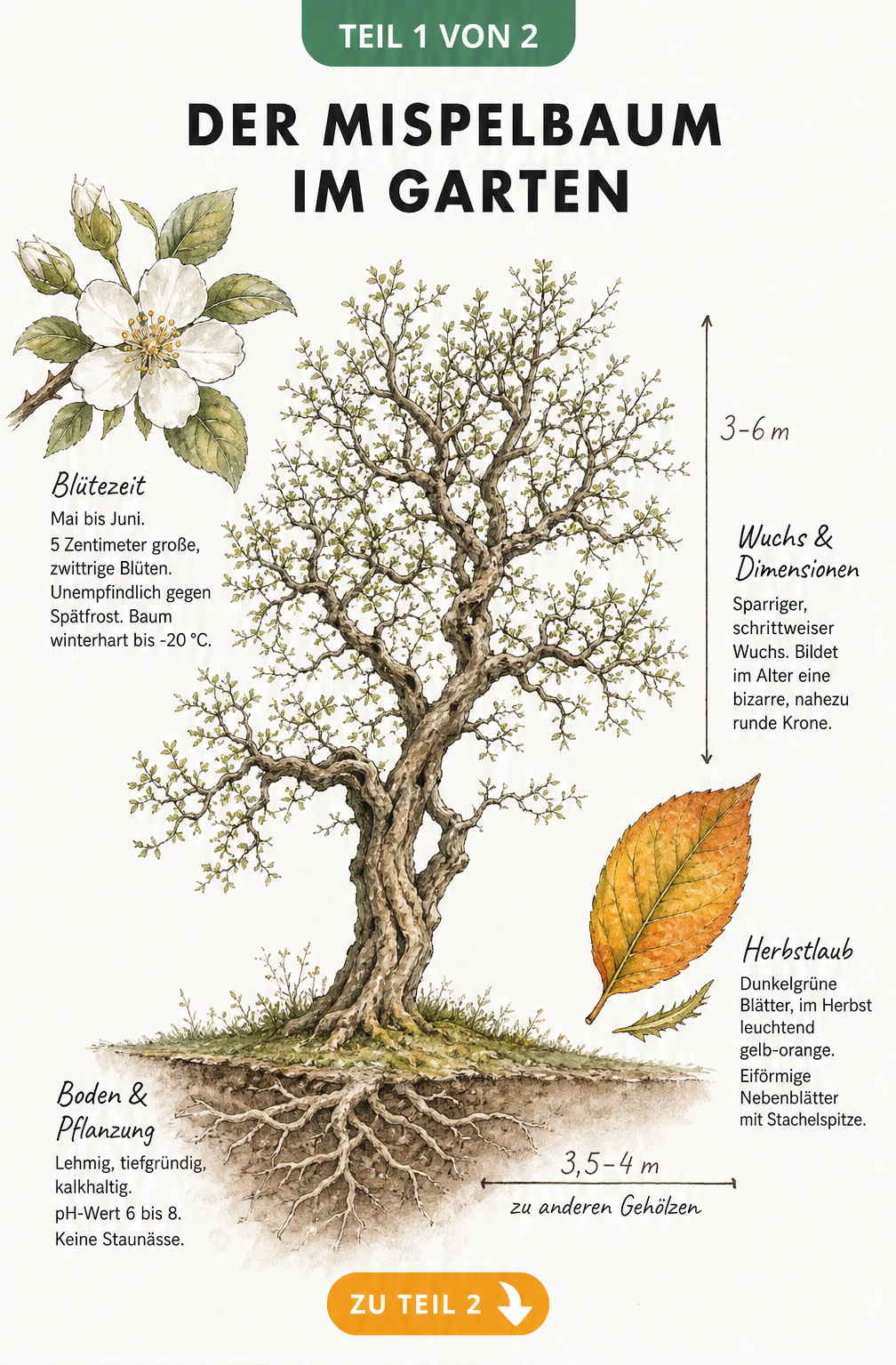 Botanische Illustration eines Mispelbaums mit Details zu Wuchs, Boden, Blüte und Herbstlaub