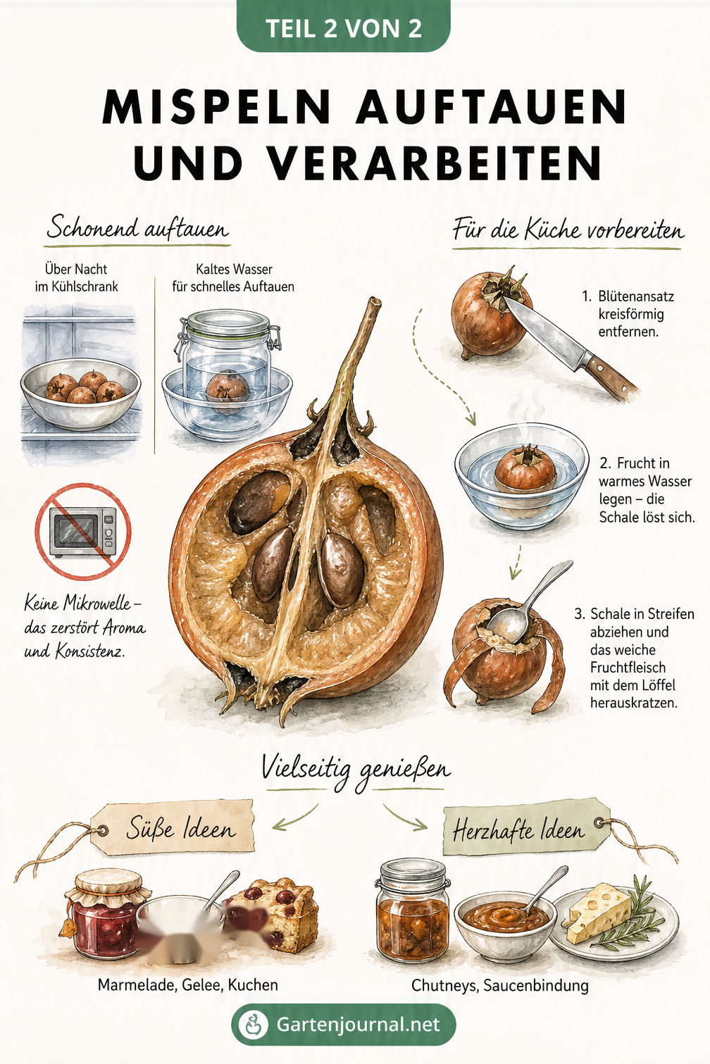 Illustration einer halbierten Mispel mit Anleitungen zum schonenden Auftauen im Kühlschrank oder Wasserbad sowie Tipps zur Verarbeitung für süße und herzhafte...