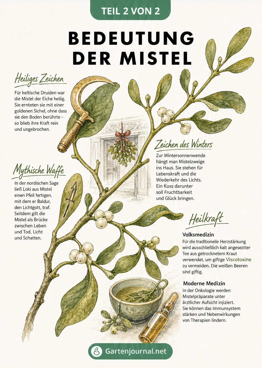 Ein großer Mistelzweig mit weißen Beeren, in den Symbole wie eine goldene Sichel, ein antiker Pfeil, ein Türrahmen und eine Teeschale eingewoben sind.