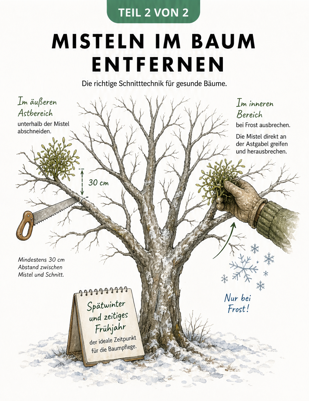 Illustration eines Baumes im Winter, die zeigt, wie man Misteln durch Absägen mit 30 Zentimeter Abstand oder Herausbrechen bei Frost entfernt.