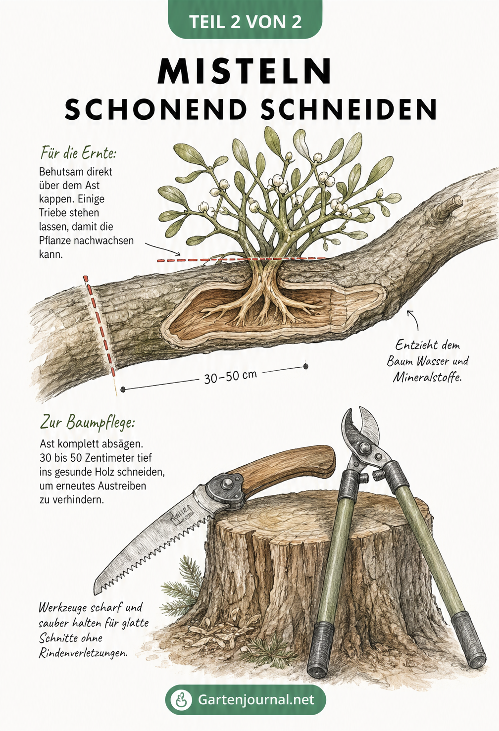 Nahaufnahme eines Obstbaumastes mit Mistelbusch, die zwei Schnittlinien zeigt: eine für die schonende Ernte und eine für die Baumpflege zur Entfernung des...