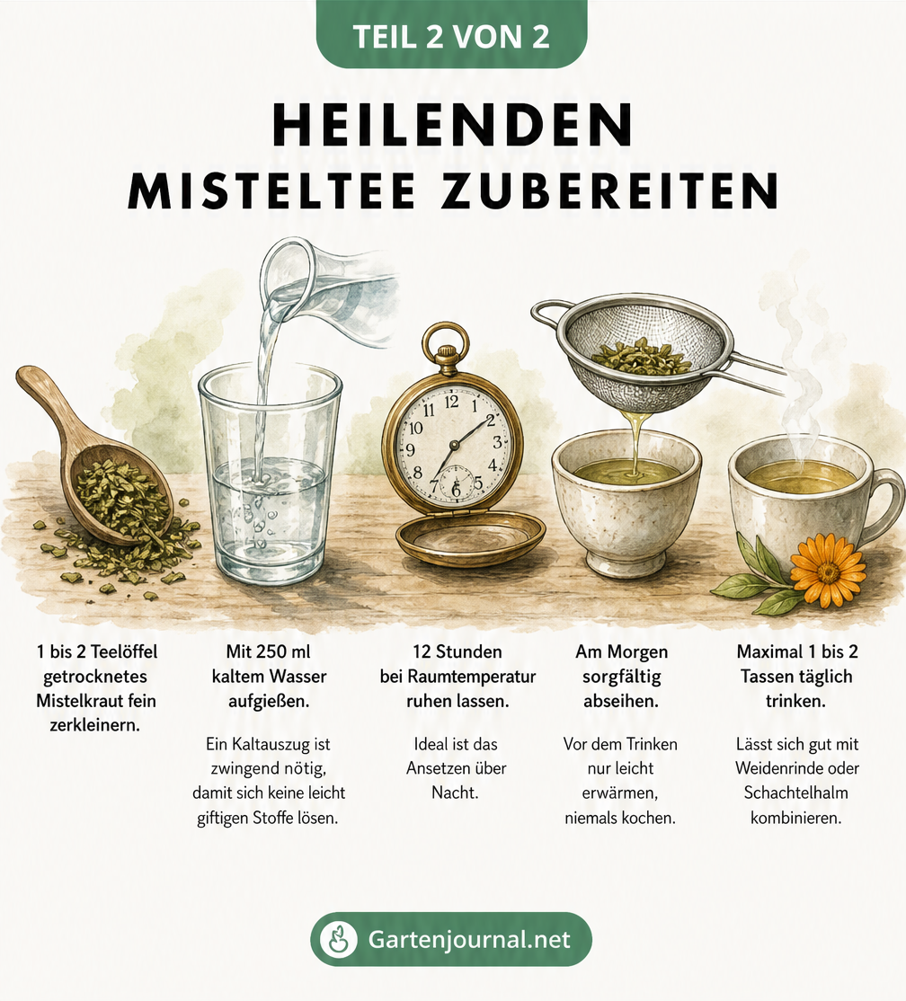 Aquarell-Illustration zur Zubereitung von Misteltee als Kaltauszug
