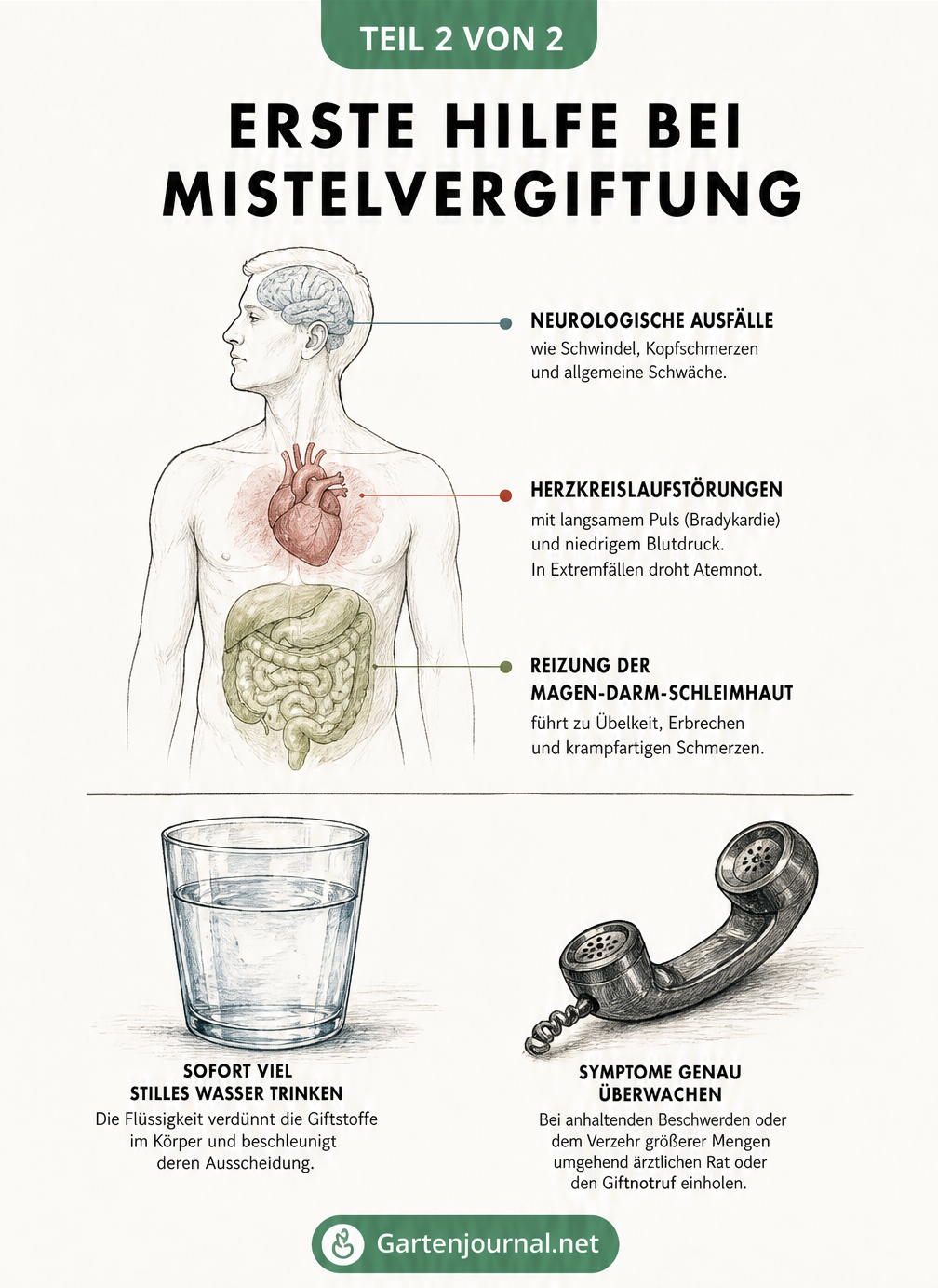 Illustration eines menschlichen Oberkörpers mit Symptomen einer Mistelvergiftung und Symbolen für Erste-Hilfe-Maßnahmen wie Wasser trinken und Giftnotruf