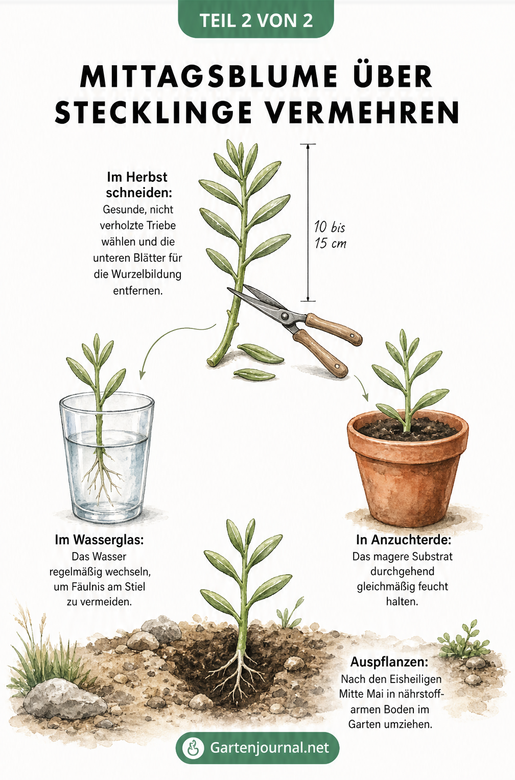 Illustration zur Vermehrung von Mittagsblumen durch Stecklinge: Trieb abschneiden, Bewurzelung im Wasserglas oder in Anzuchterde und Auspflanzen ins Freiland.