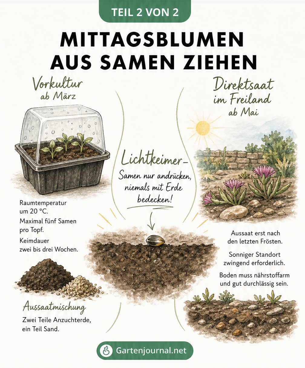 Zweiteilige Illustration im Notizbuch-Stil: Links die Vorkultur von Mittagsblumen-Samen im Anzuchttopf ab März, rechts die Direktsaat im sonnigen Freiland ab...