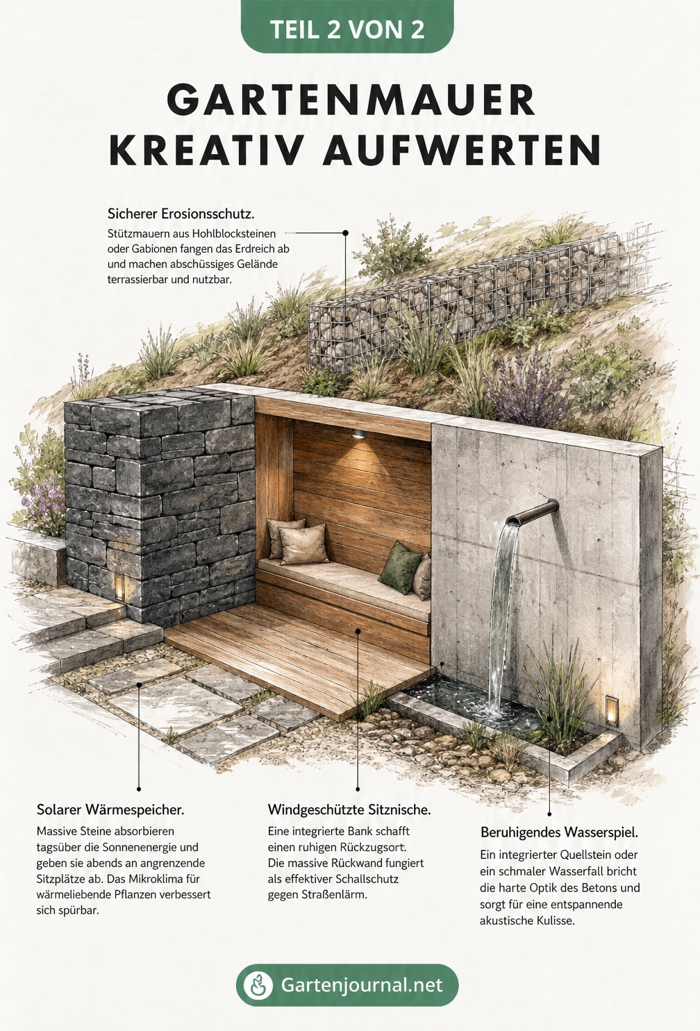 Isometrische Skizze einer modernen Gartenmauer mit Sitznische, Wasserspiel und Natursteinen