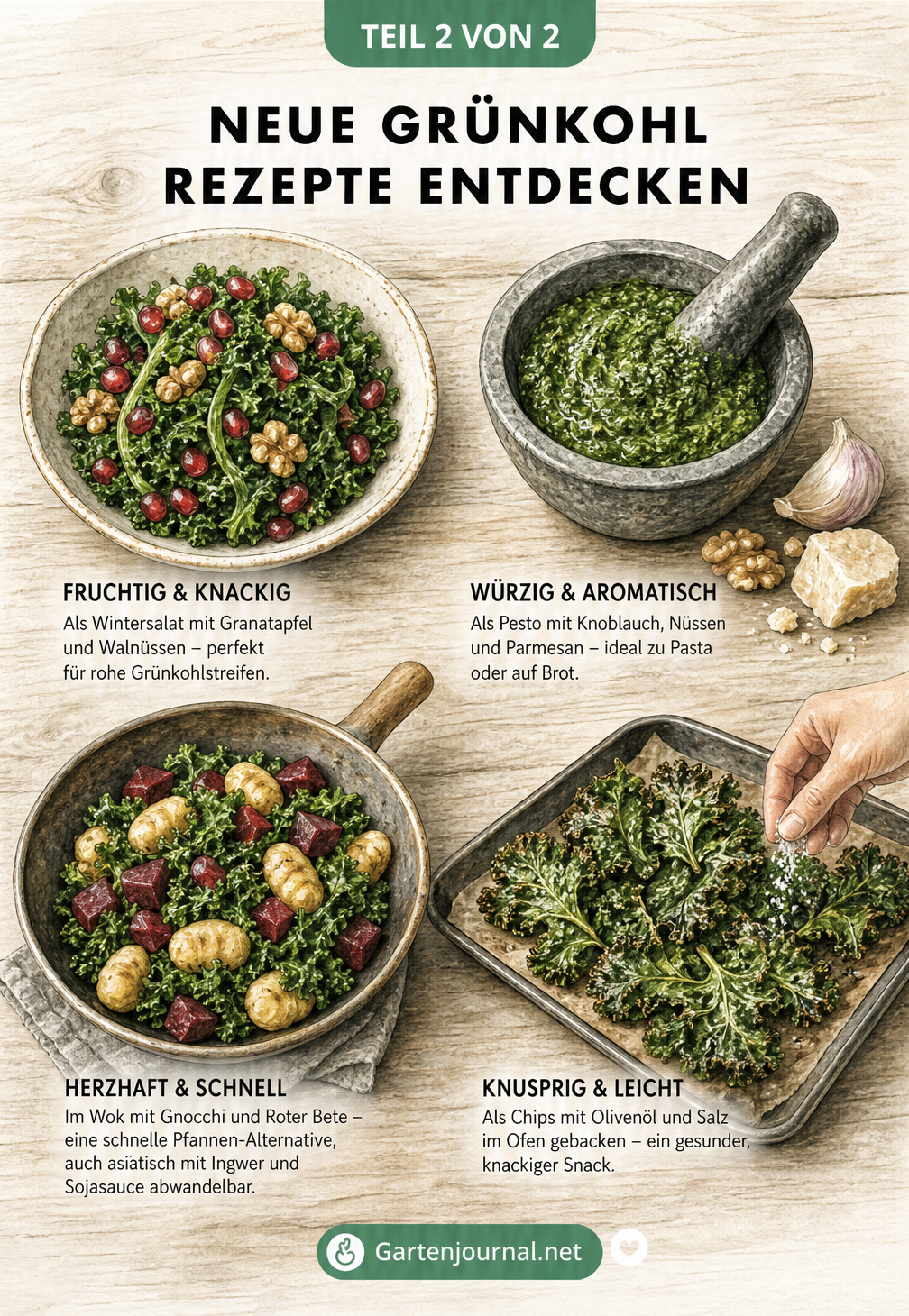 Illustration von vier modernen Grünkohl-Gerichten: Wintersalat, Pesto, Wok-Gericht und Grünkohlchips