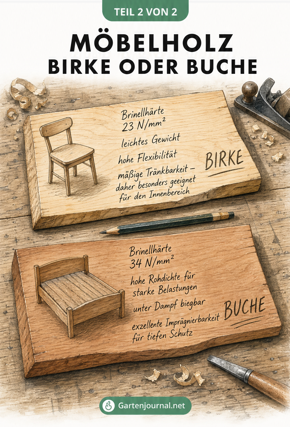Illustration von Holzbrettern aus Birke und Buche auf einer Werkbank mit Eigenschaften für den Möbelbau
