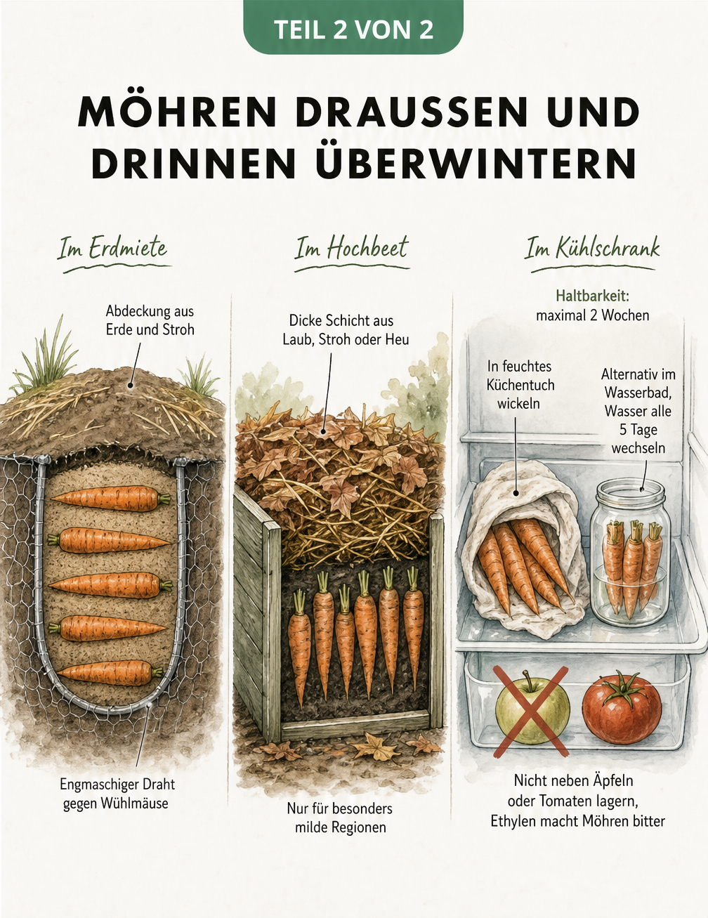Drei Methoden zur Möhrenlagerung: Erdmiete im Garten, Hochbeet mit Laubabdeckung und Gemüsefach im Kühlschrank