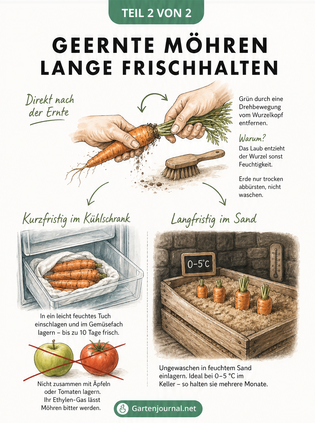 Illustration zur Vorbereitung und Lagerung von Möhren: Laub abdrehen, trocken abbürsten und im Kühlschrank oder in einer Sandkiste lagern.