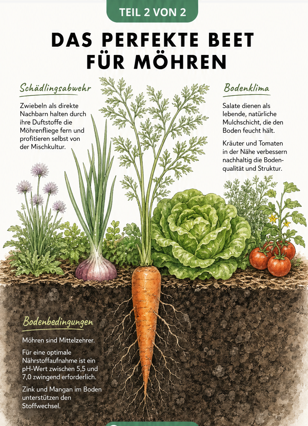 Querschnitt durch ein Mischkultur-Beet mit Möhre, Zwiebel, Salat und Kräutern
