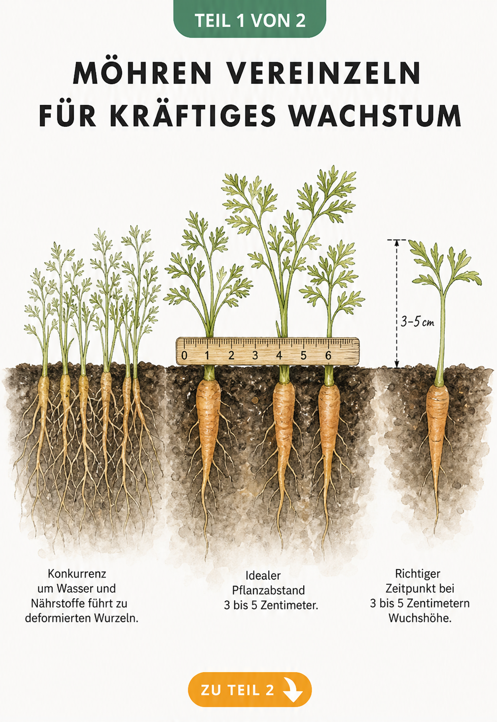 Querschnitt eines Gartenbeets mit Möhrensämlingen im Vorher-Nachher-Vergleich: links dicht gedrängt, rechts mit 3 bis 5 cm Pflanzabstand.