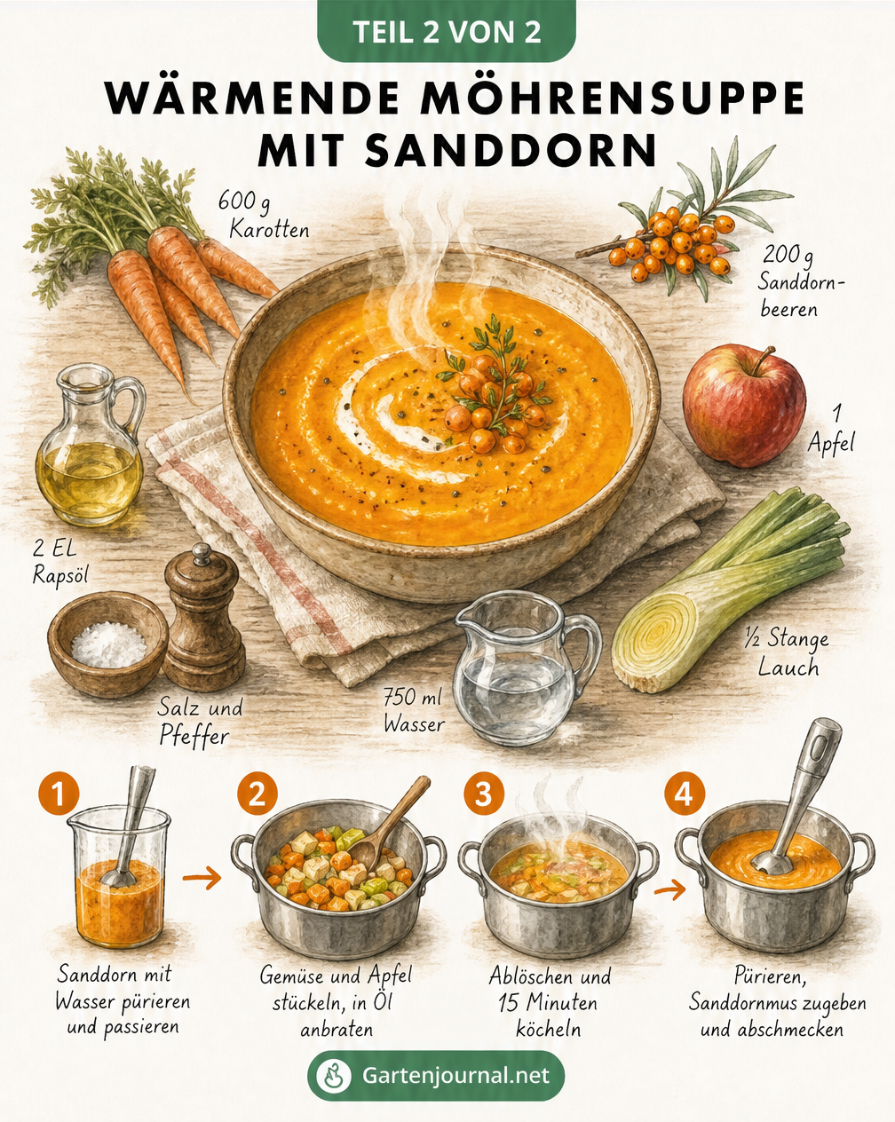 Illustration einer wärmenden Möhrensuppe mit Sanddorn, umgeben von frischen Zutaten und Zubereitungsschritten
